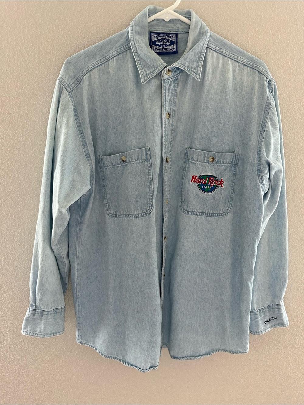Hard Rock Cafe Light Denim Button-Front Shirt with Embroidered Logo